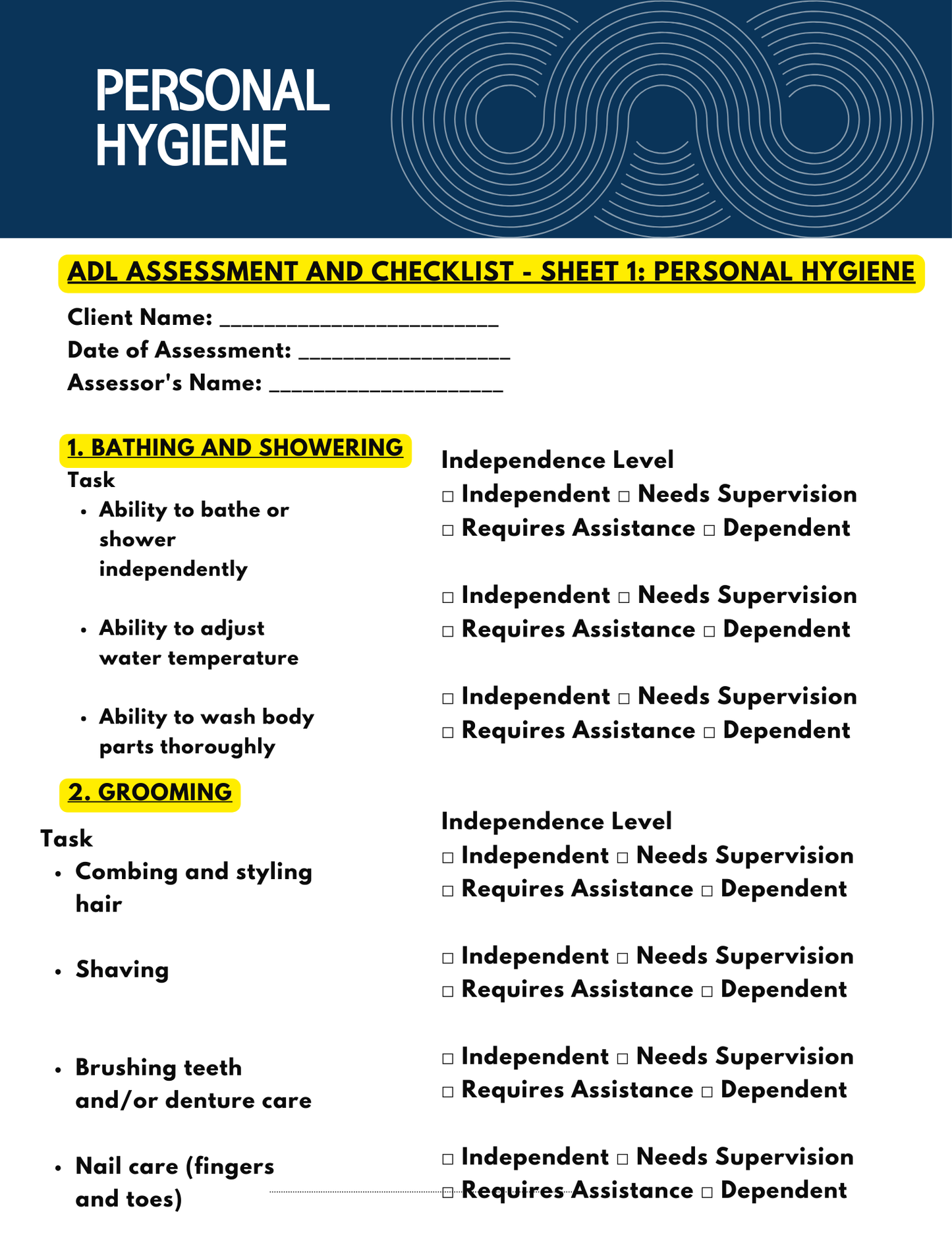 ADL CHECKLIST- editable in Microsoft Word