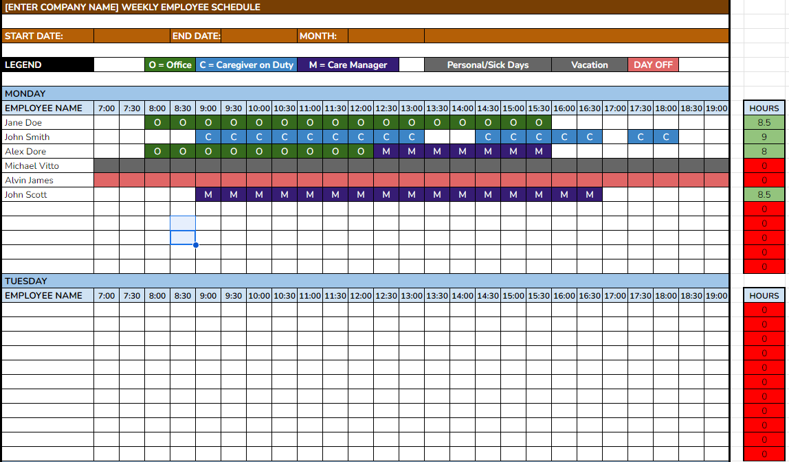 Home Care Company Weekly Employee Schedule