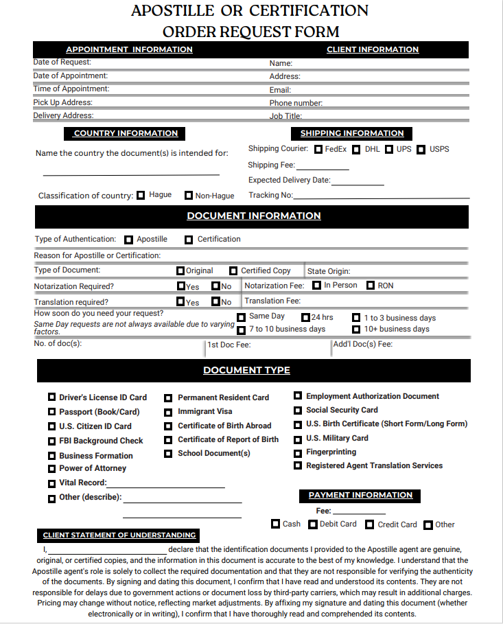 Apostille or Certifiction Client Order Request Forms