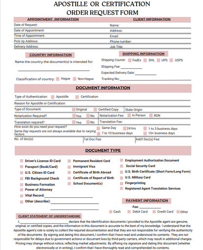 Apostille or Certifiction Client Order Request Forms