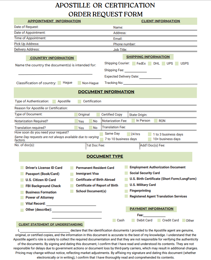 Apostille or Certifiction Client Order Request Forms