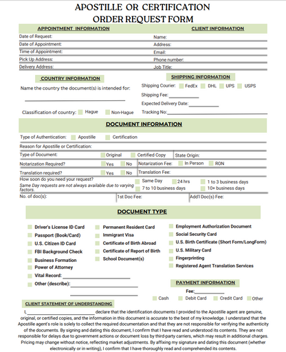 Apostille or Certifiction Client Order Request Forms